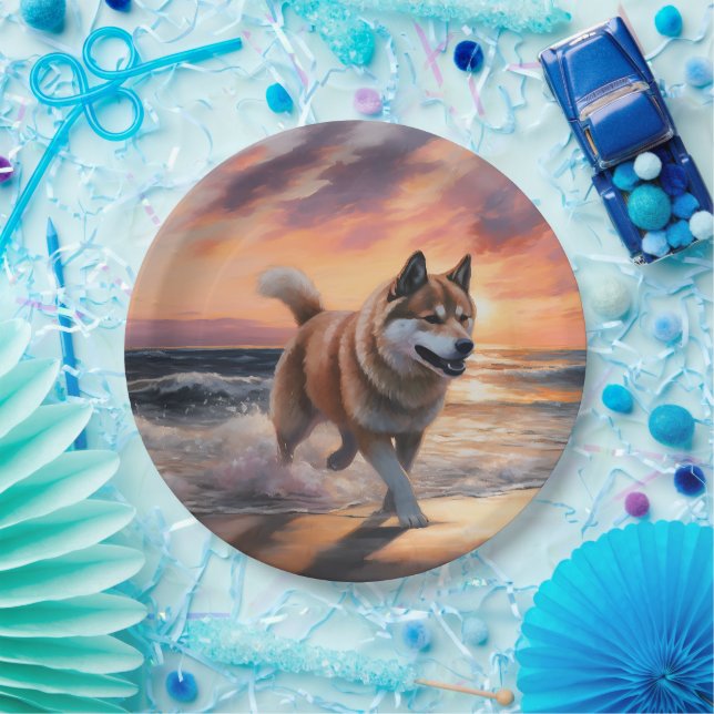 Sandy Paws Akita Dog auf Beach Sunset Pappteller (Party)