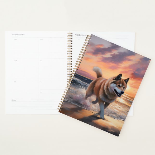 Sandy Paws Akita Dog auf Beach Sunset Planer (Anzeige)