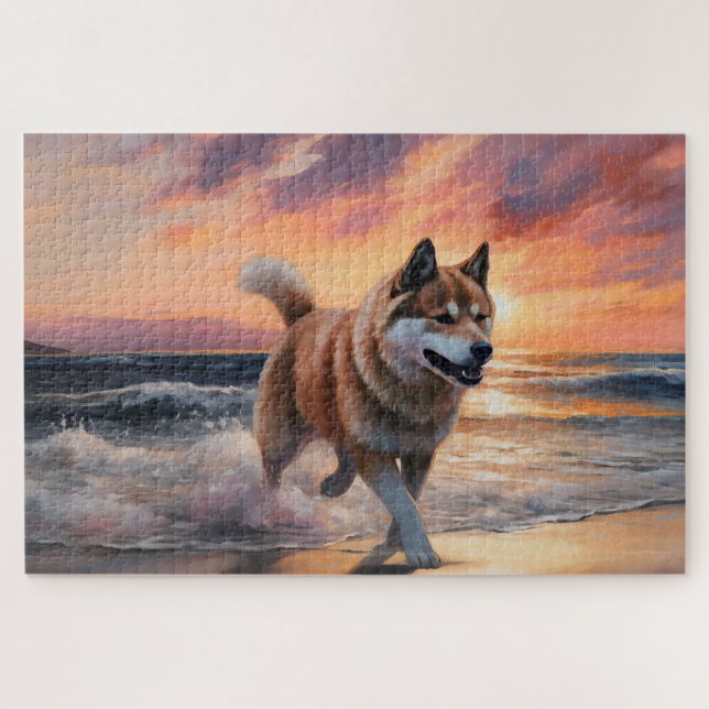 Sandy Paws Akita Dog auf Beach Sunset Puzzle (Horizontal)