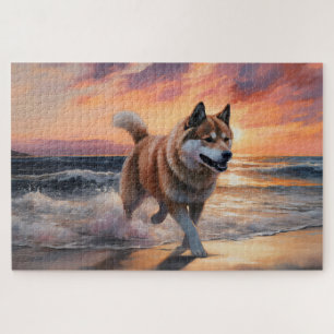 Sandy Paws Akita Dog auf Beach Sunset Puzzle