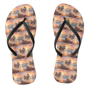 Sandy Paws Alaskan Malamute Dog on Beach Sunset Flip Flops