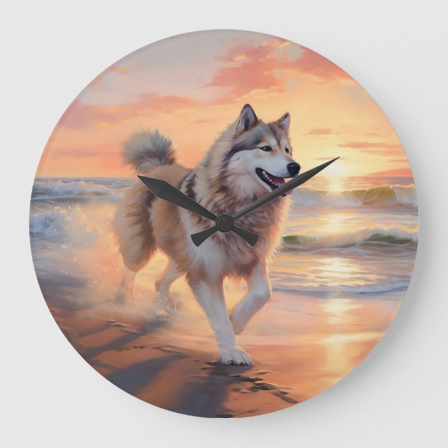 Sandy Paws Alaskan Malamute Dog on Beach Sunset Große Wanduhr (Vorderseite)