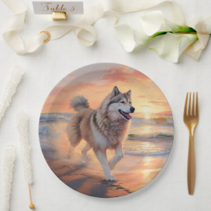 Sandy Paws Alaskan Malamute Dog on Beach Sunset Pappteller