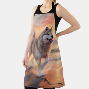Sandy Paws Alaskan Malamute Dog on Beach Sunset Schürze