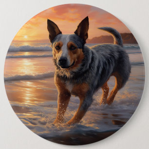 Sandy Paws Australian Cattle Dog on Beach Sunset Button