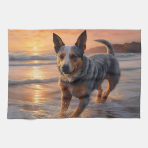 Sandy Paws Australian Cattle Dog on Beach Sunset Geschirrtuch