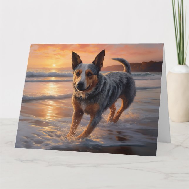 Sandy Paws Australian Cattle Dog on Beach Sunset Karte (Vorderseite)