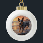 Sandy Paws Australian Cattle Dog on Beach Sunset Keramik Kugel-Ornament<br><div class="desc">Tauchen Sie ein in die ruhige Schönheit unseres Hundes "Sandy Paws and Sunset Hues" mit Sonnenuntergang am Strand. Diese faszinierende Szene vereint das Wesen eines perfekten Abends am Ufer, mit einem treuen Hund, der den goldenen Sand und die atemberaubenden Farben der untergehenden Sonne genießt. Ob Hundeliebhaber oder Sonnenuntergang - dieses...</div>