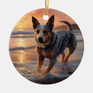Sandy Paws Australian Cattle Dog on Beach Sunset Keramik Ornament