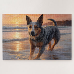 Sandy Paws Australian Cattle Dog on Beach Sunset Puzzle