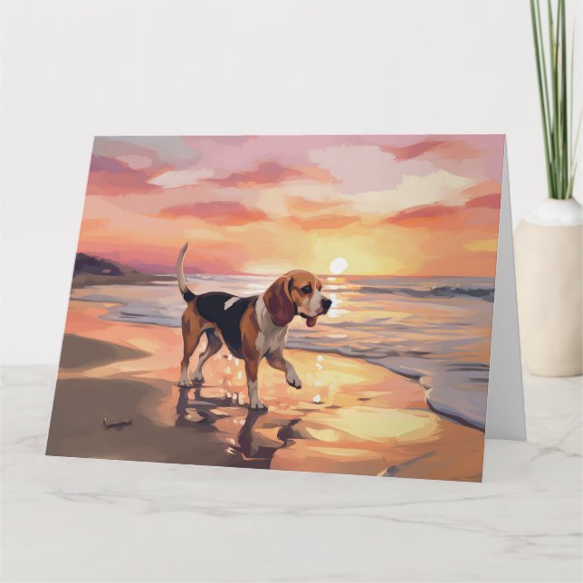 Sandy Paws Beagle Dog on Beach Sunset Karte (Vorderseite)