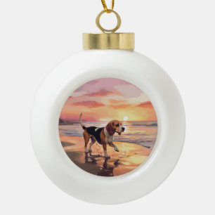 Sandy Paws Beagle Dog on Beach Sunset Keramik Kugel-Ornament
