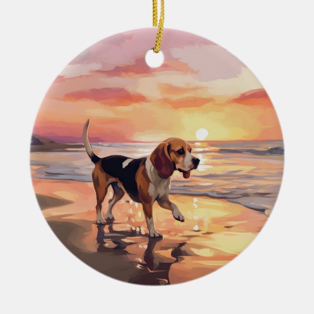 Sandy Paws Beagle Dog on Beach Sunset Keramik Ornament (Vorne)