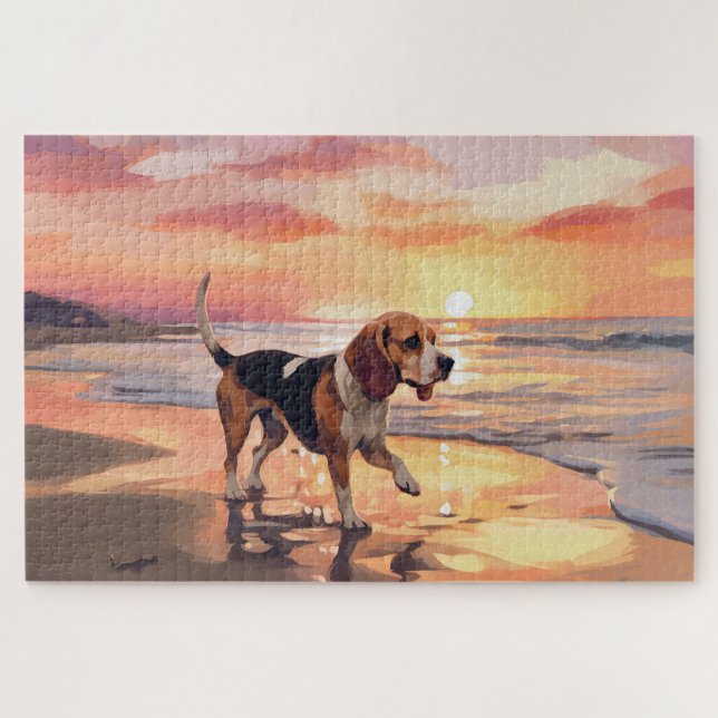 Sandy Paws Beagle Dog on Beach Sunset Puzzle (Horizontal)