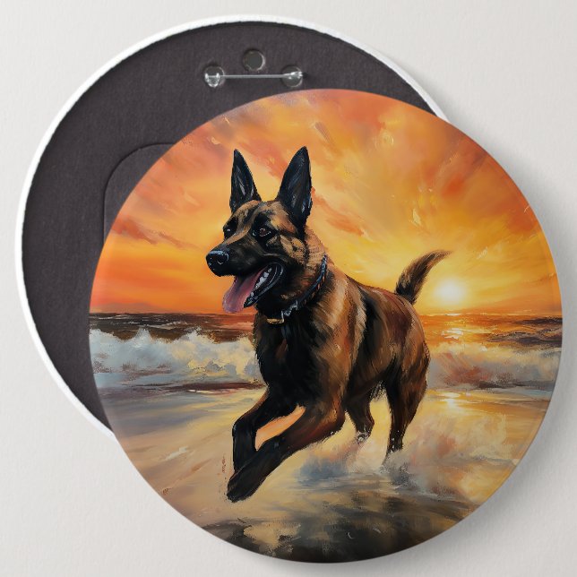 Sandy Paws Belgischer Malinois Hund auf Beach Suns Button (Vorne & Hinten)