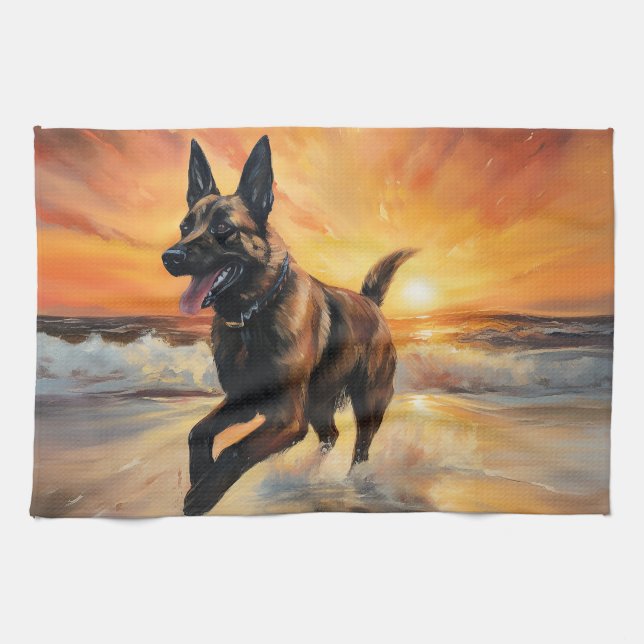 Sandy Paws Belgischer Malinois Hund auf Beach Suns Geschirrtuch (Horizontal)