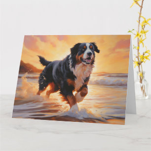 Sandy Paws Bernese Mountain Dog on Beach Sunset Karte