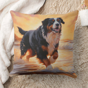 Sandy Paws Bernese Mountain Dog on Beach Sunset Kissen