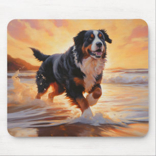 Sandy Paws Bernese Mountain Dog on Beach Sunset Mousepad
