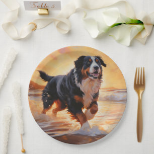 Sandy Paws Bernese Mountain Dog on Beach Sunset Pappteller