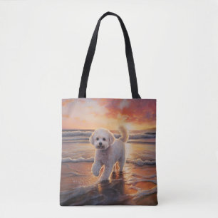 Sandy Paws Bichon Frise Dog on Beach Sunset