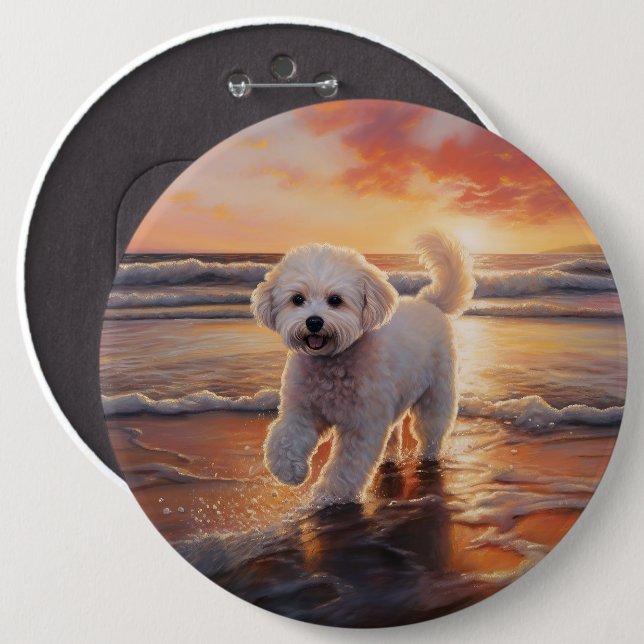 Sandy Paws Bichon Frise Dog on Beach Sunset Button (Vorne & Hinten)