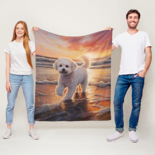 Sandy Paws Bichon Frise Dog on Beach Sunset Fleecedecke