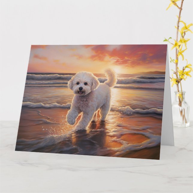 Sandy Paws Bichon Frise Dog on Beach Sunset Karte (Gelbe Blume)