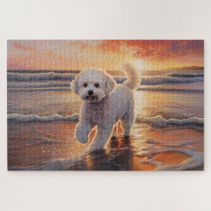Sandy Paws Bichon Frise Dog on Beach Sunset Puzzle