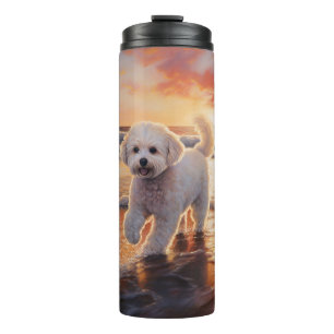Sandy Paws Bichon Frise Dog on Beach Sunset Thermosbecher