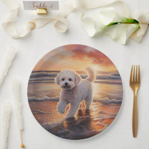 Sandy Paws Bichon Frise Hund am Strand Sonnenunter Pappteller