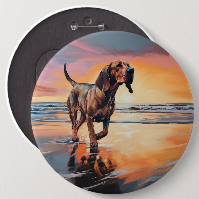 Sandy Paws Bloodhound Dog on Beach Sunset Button (Vorne & Hinten)