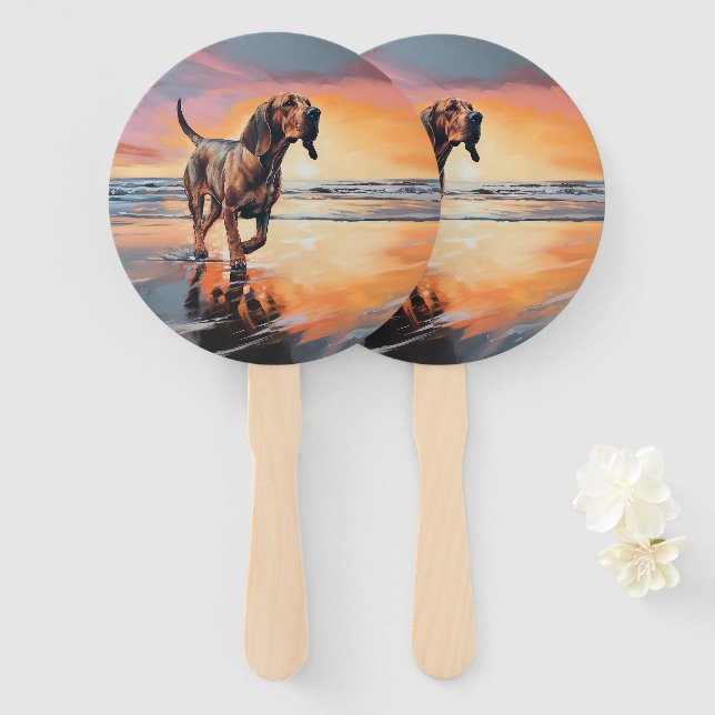 Sandy Paws Bloodhound Dog on Beach Sunset Fächer (Vorne und Hinten)