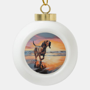 Sandy Paws Bloodhound Dog on Beach Sunset Keramik Kugel-Ornament
