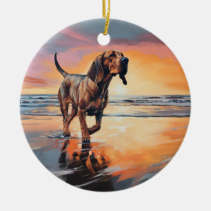 Sandy Paws Bloodhound Dog on Beach Sunset Keramik Ornament