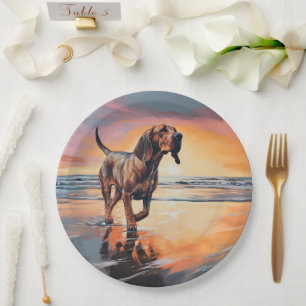 Sandy Paws Bloodhound Dog on Beach Sunset Pappteller