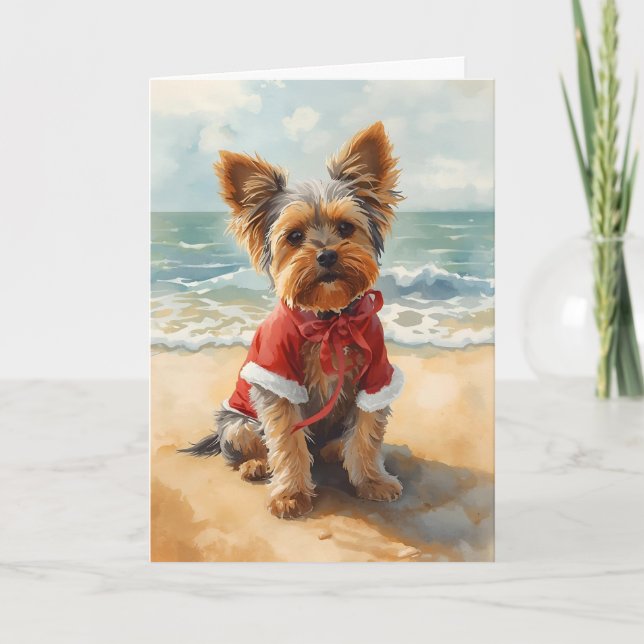 Sandy Paws & Christmas Cheer - Yorkie am Strand Karte (Vorderseite)
