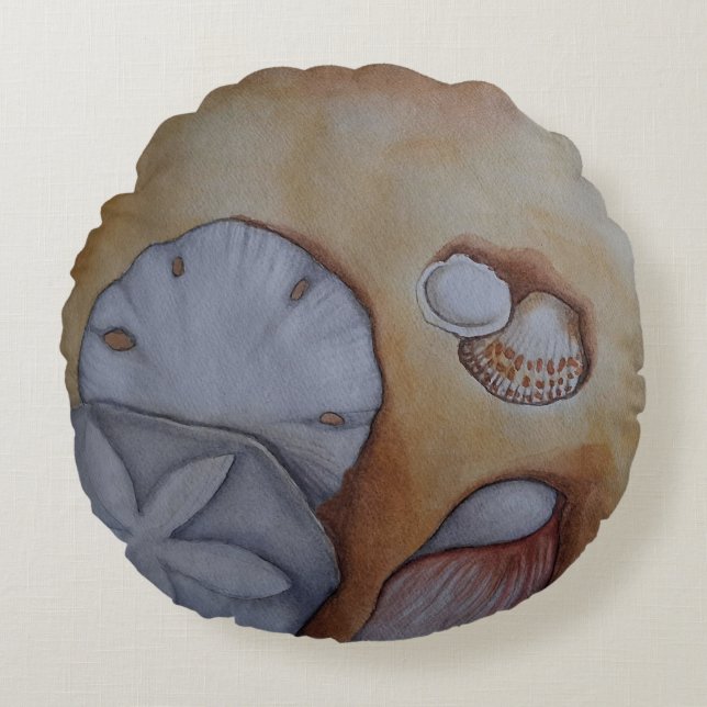 Sandy Seashells Rundes Kissen (Vorderseite)