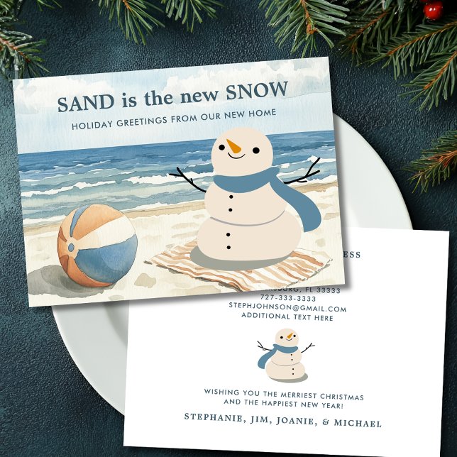Sandy Snowman Beach Scene Holiday Moving Ankündigung (Sandy Snowman Beach Scene New Address Holiday Moving Announcement Flat Card with Envelope)