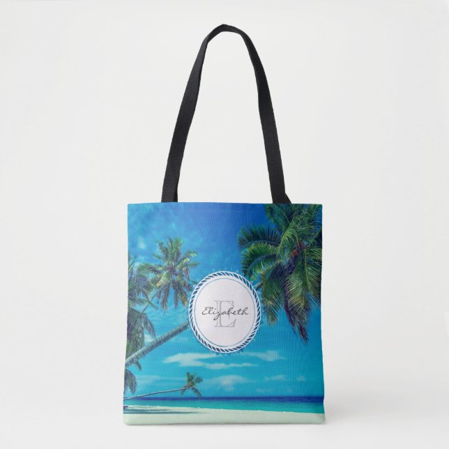 Sandy White Beach mit Tropical Palms Monogram (Vorderseite)
