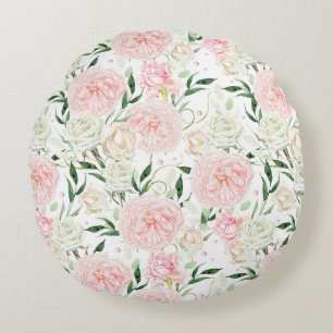 Sanft roséfarbene Pfingstrose und Rosen-Aquarell-B Rundes Kissen