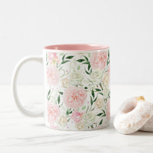 Sanft roséfarbene Pfingstrose und Rosen-Aquarell-B Zweifarbige Tasse
