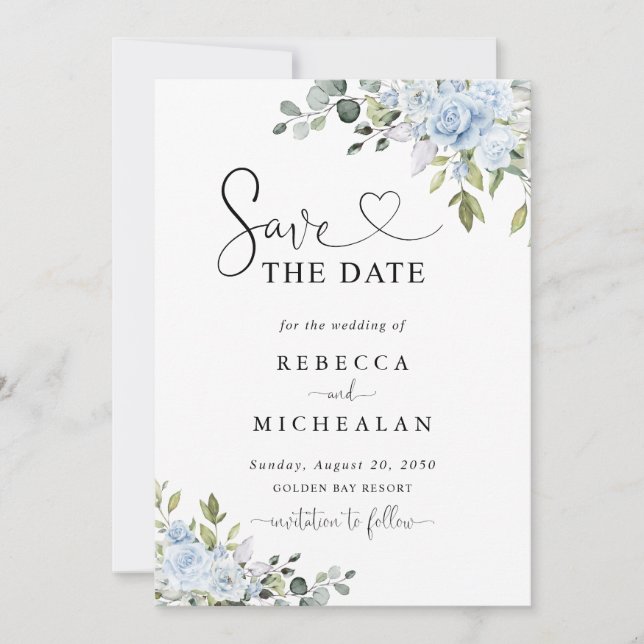 Sanftblaue Botanische Hochzeit Save The Date Einladung (Vorderseite)