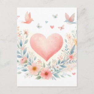 Sanfte Aquarell-Herz-Liebe-Blumen-Vögel Feiertagspostkarte