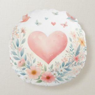Sanfte Aquarell-Herz-Liebe-Blumen-Vögel Rundes Kissen