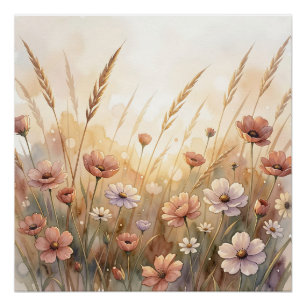 Sanfte Aquarell-Wildblumenwiese Pfirsichblüten Poster
