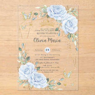 Sanfte Baby-Blau-Blumen-Schmetterlinge-Gold-Quince Acryleinladungen
