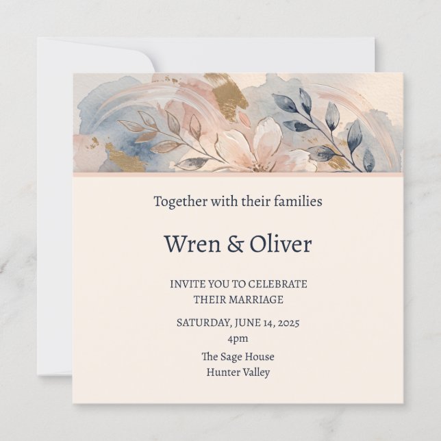 Sanfte Blaue Florale Hochzeit Einladung (Vorderseite)