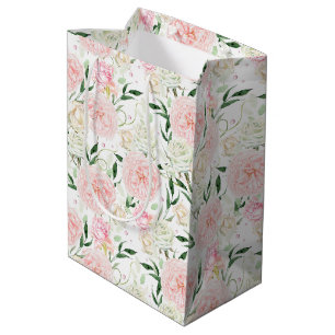 Sanfte Blush-Pfingstrose- und Rosen-Aquarell-Blume Mittlere Geschenktüte
