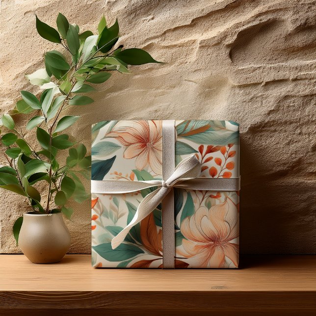 Sanfte Botanische Florale Brautparty Geschenkpapier (Soft botanical floral wrapping paper with peach blooms and muted teal garden pattern design)